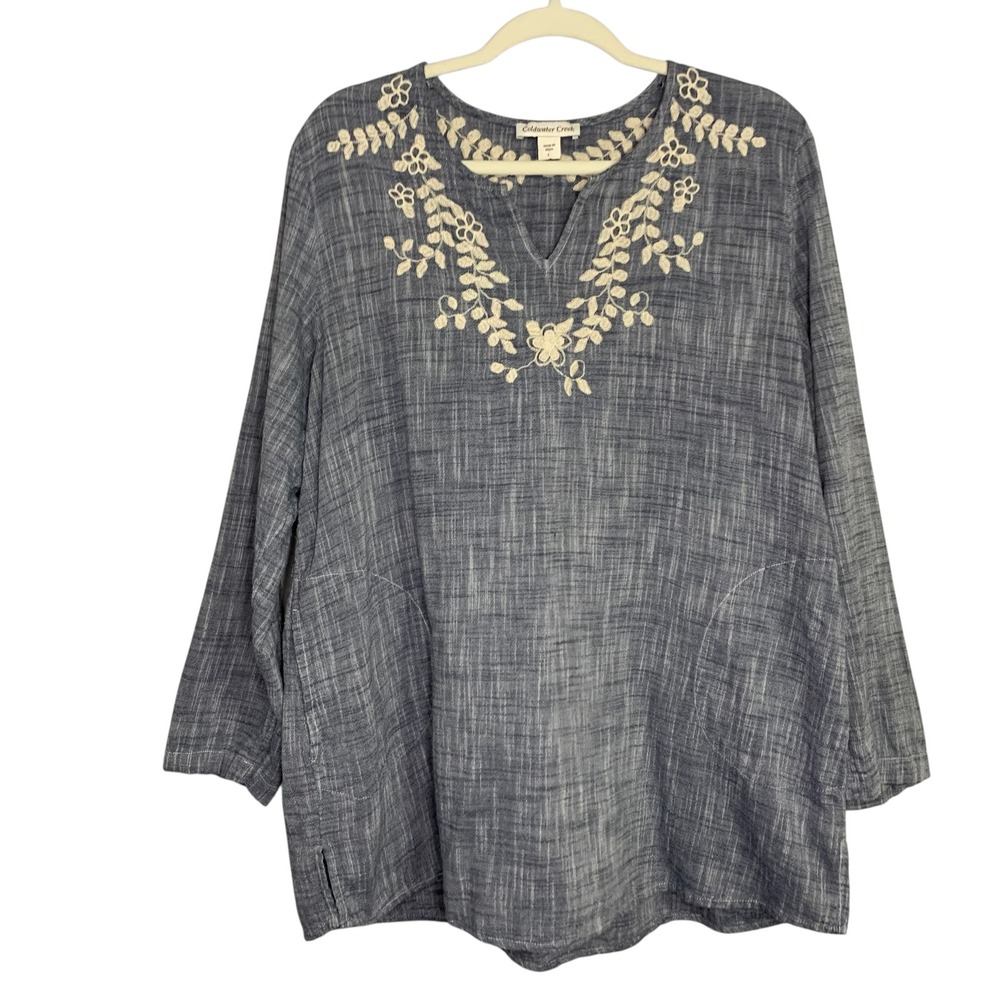 Coldwater Creek cotton chambray color long sleeve floral embroidered tunic. L